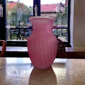 Matte Pink Ribbed Glass Vase 8" Tall Floral Display Vintage Style